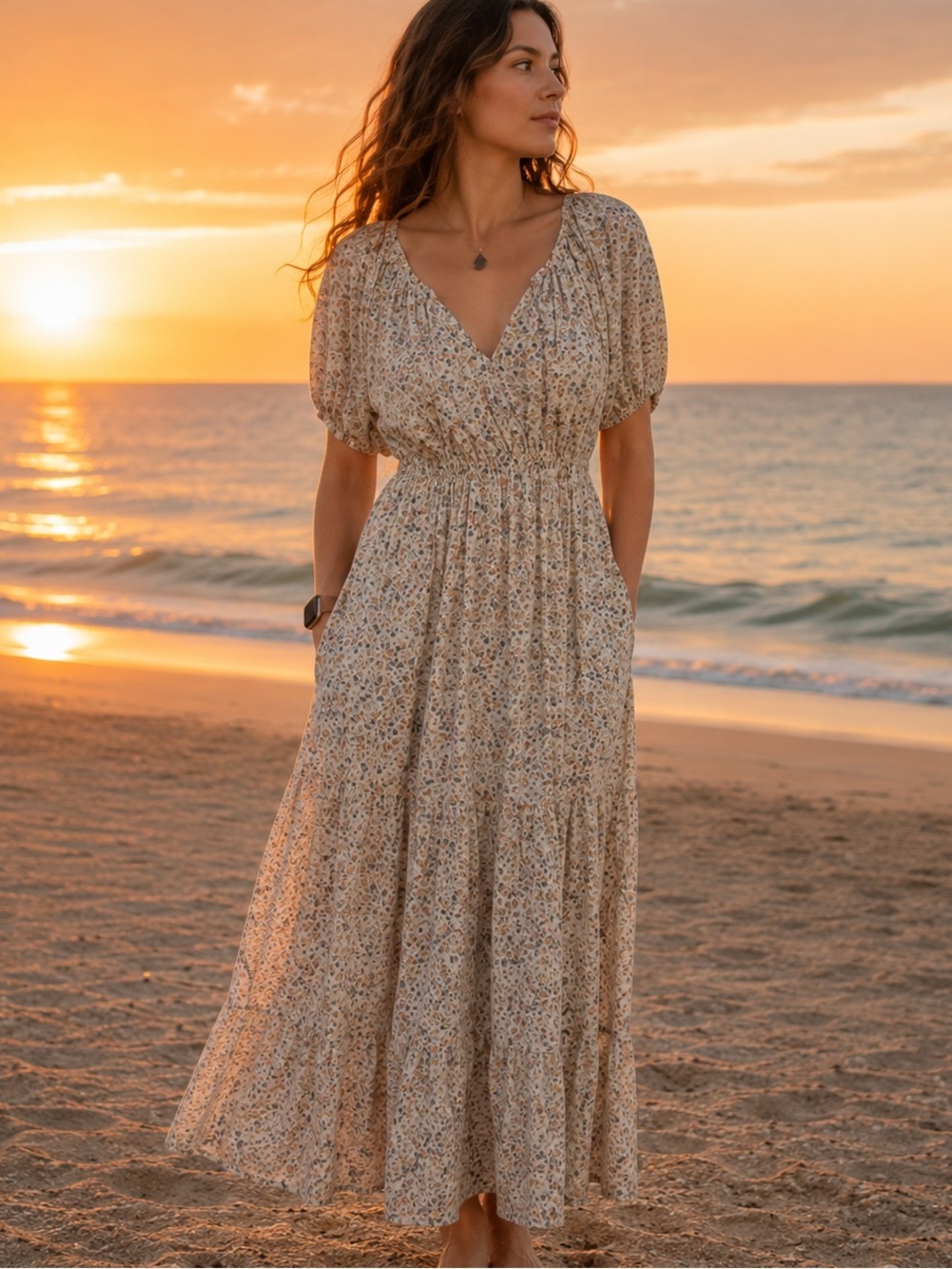 Wishlist Apparel Floral Cream Maxi Ruffle V-neck Lined  Boho Dress Sz Medium